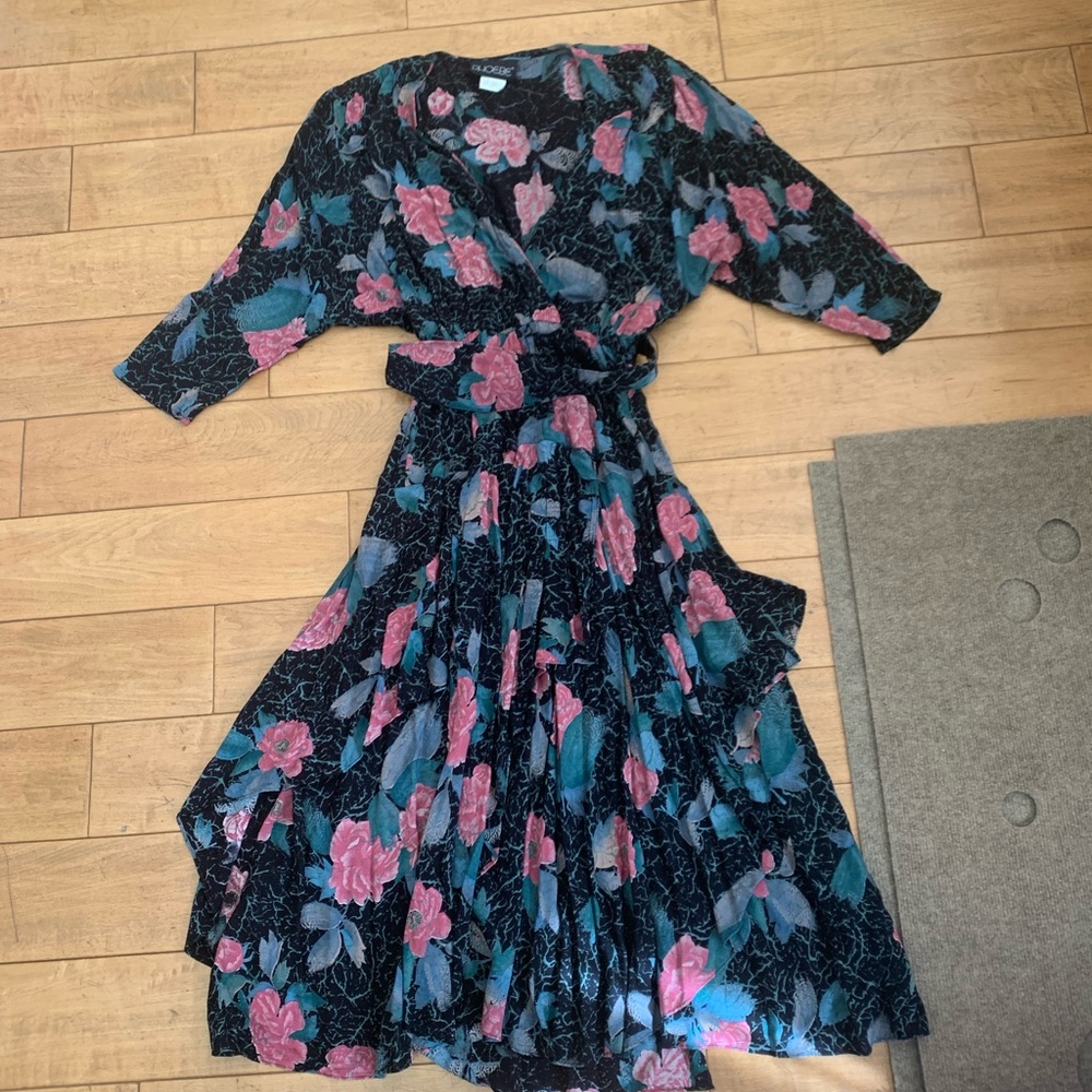 Vintage Black and Pink Floral Midi Dress